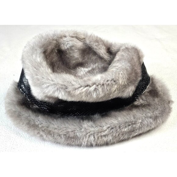 Vintage Womens Gray Faux Fur Hat With Faux Black Snake Skin Band Union Made - Picture 4 of 9
